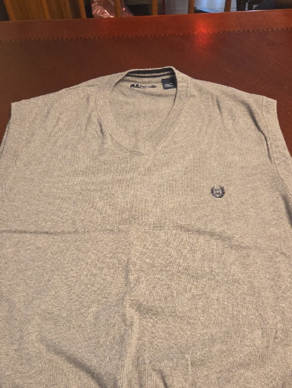Chaps Men's V-Neck Sweater in Light Heather Gray with Navy Embroidery - Picture 2 of 4